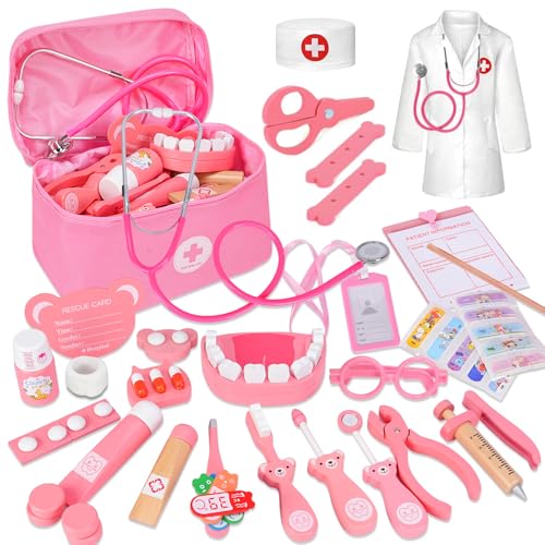 BBWELL Maletin Brinquedo médico, kit médico infantil com estetoscópio real, caixa de armazenamento médico, termómetro, disfarce médico menina e seringa, kit de disfarce para crianças 3+ anos - rosa