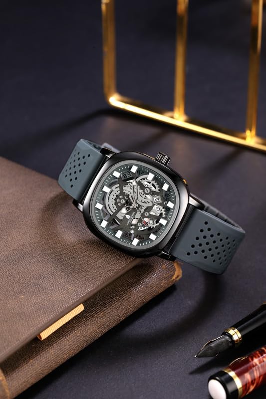 Image of London Fog Strand Collection Skeleton Style Quartz Watch for Men with Cushion Shaped Case, Date Display, Luminous Hands & Baton Hour Markers and Perforated Silicone Strap - LFM10026