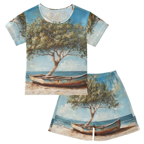 ALAZA Topical Tree Boat Beach Pajama Set Short Sleeve Sleepwear Soft Lounge Nightwear