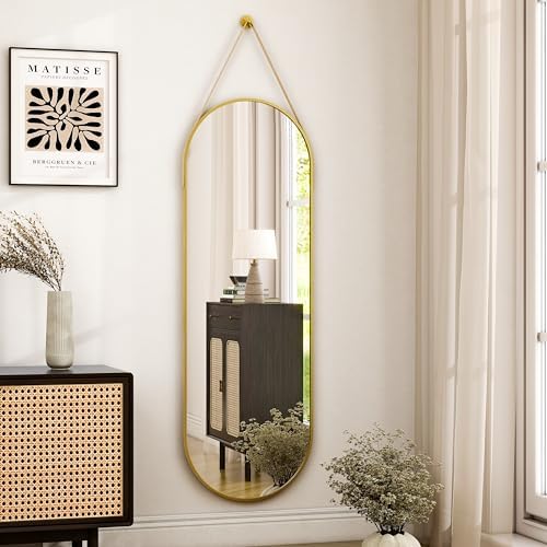 HARRITPURE Full Length Mirror Oval Hanging Mirror 16"x48" with Leather Strap Aluminum Frame Wall-Mounted Hanging Mirrors for Bathroom Vanity Living Room Bedroom Entryway, Gold