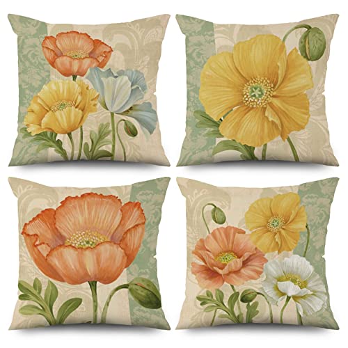 ASDCXZ Juego de 4 fundas de almohada de primavera de 40x40 cm, diseño retro de flores amarillas, color beige, funda de cojín decorativa, lavable, poliéster, textil para exteriores, funda de almohada Cover