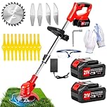 Cordless Strimmer, Telescopic Lightweight Grass Trimmer with 2 X 21V Lithium Battery, Metal Blade Strimmer with 3 Types of Blades, 90° Head Rotation, Retractable, Suitable for Garden Lawn