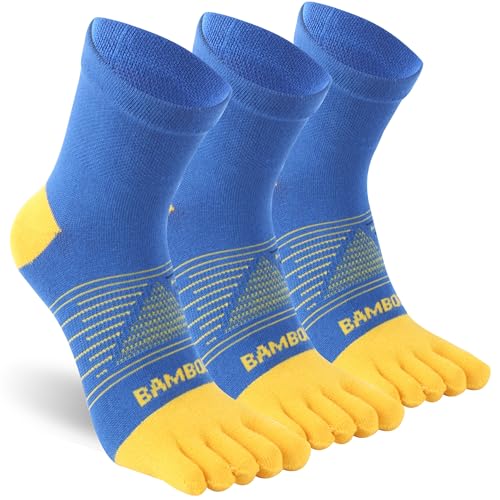 Sunew Toe Socks Men, Unisex Toe Ankle Five Finger Crew Athletic Quarter Soft Comfortable Breathable Running Yoga Socks Blue+Yellow 3 Pairs Large