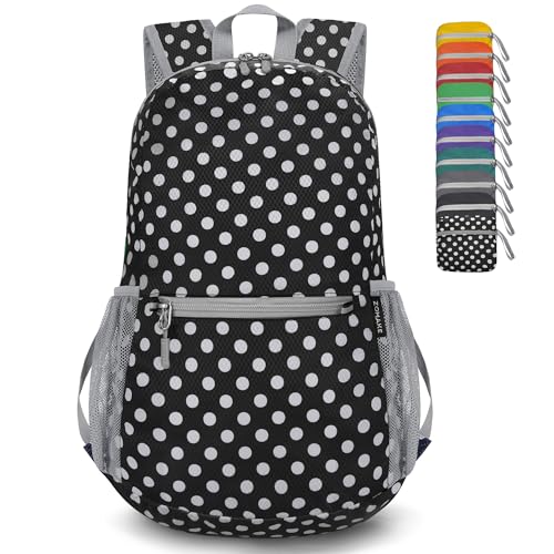 Image of ZOMAKE Ultra Lightweight Hiking Backpack 20L, Packable Small Backpacks Water Resistant Daypack for Women Men(Black,White Polka Dot)