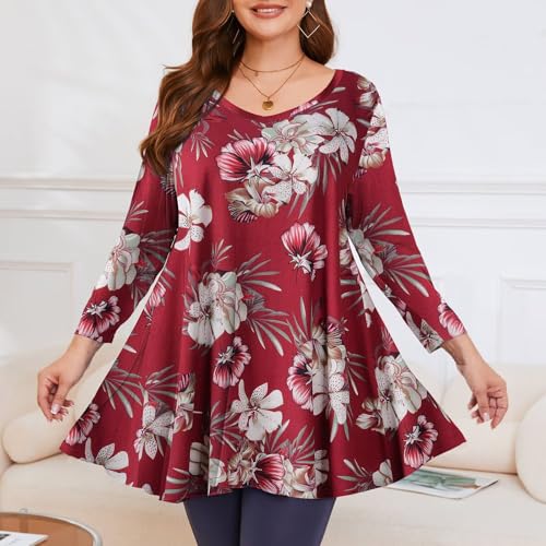 Image of LARACE Tunics 3 /4 Sleeve Plus Size Tops for Women V Neck Loose Fit Flowy Clothing for Leggings