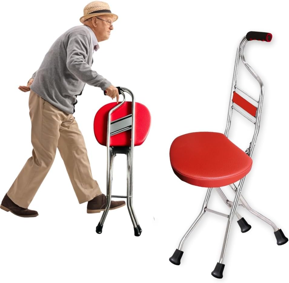 Crysendo Walking Stick Seat for Elders | Stick Chair Folding Durable & Comfortable Cane Stick Stool | Easy Carry Cane Chair Travel Hiking Hand Stick Stool (Red)