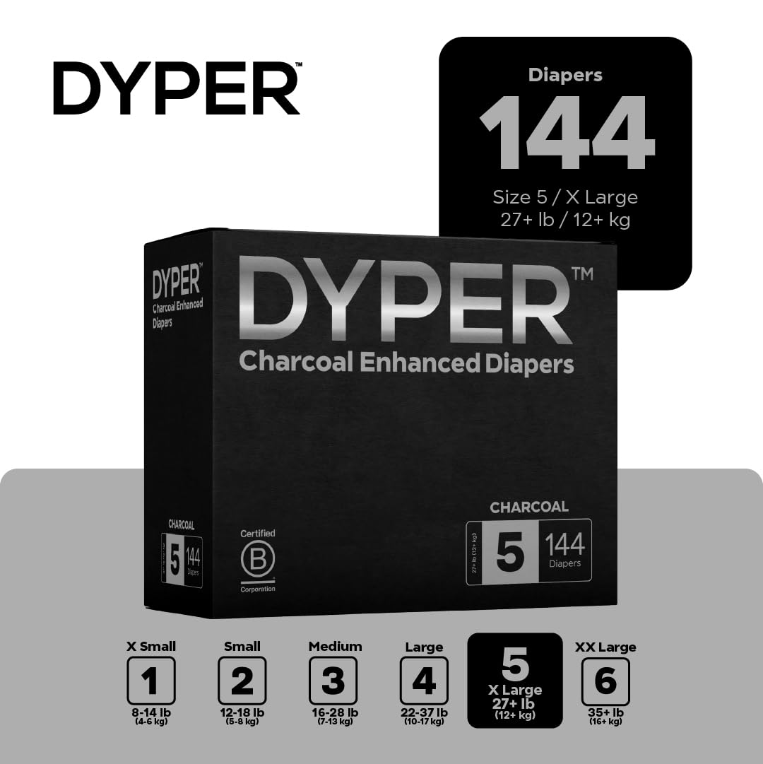 DYPER Charcoal Enhanced Diapers | Baby Diapers from Plant-Based* & Honest Materials | Day & Overnight Diapers | Disposable Diapers for Sensitive Skin (Size 5, 144, Count)