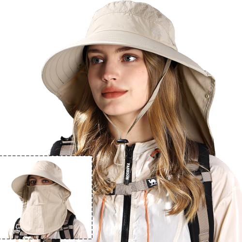 Image of Rosoz Sun Hat for Men Women with Neck Flap,Wide Brim UPF50+ Fishing Hat with Detachable Face Cover Outdoor Sun Protection Hat
