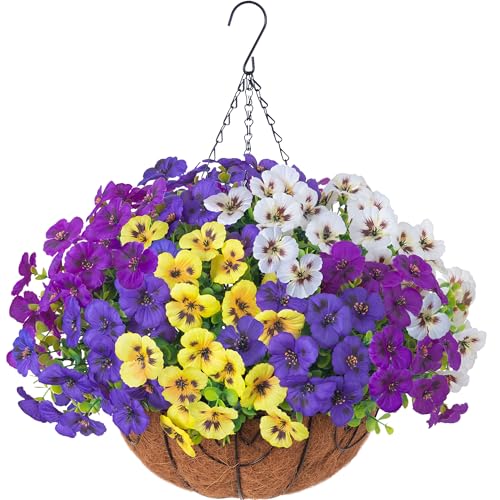 Ivydale Artificial Pansies Faux Hanging Plants Flowers Basket for Outdoor Outside Decor, Fake Silk...