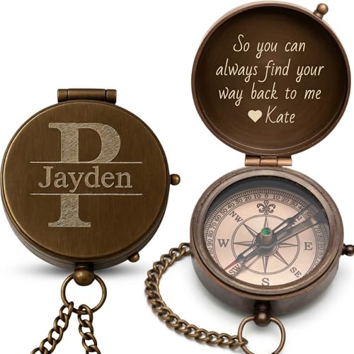 Personalized Compass Gifts for Men – Custom Engraved Brass Pocket Compass – Vintage Antique Graduation, Birthday, Christmas, Anniversary, or Father's Day Gift for Husband, Son, Dad, or Boyfriend