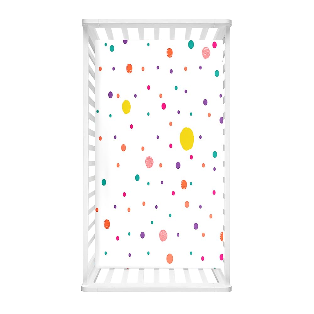 Odot Cot Bed Fitted Sheets Travel Cot Sheets, Colorful Polka Dots Print Microfiber Mattress Protector Cozy Breathable Toddler Baby Kids Bedding for Cradle, Cribs, Bassinet (White 1,90x40cm)