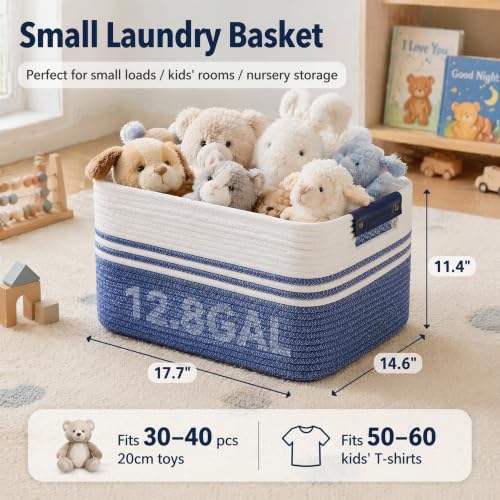 Image of Cotton Rope Laundry Basket Small, 12.8GAL Collapsible Woven Storage Baskets for Living Room Kids Toys Stuffed Animal,Boho Rectangular Decorative Short Hamper for Dirty Clothes, Blankets Denim Blue