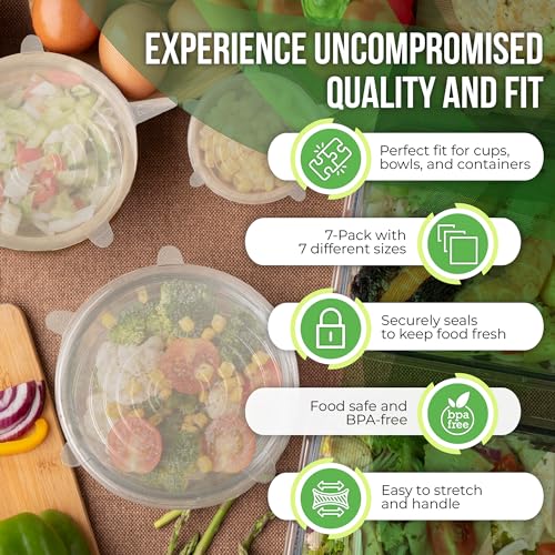 Image of Reusable Silicone Stretch Lids for Food Storage in Fridge - Elastic Heat-Resistant Bowl Covers, Cups, Cans, Jars - Universal Food Grade Lid for Round and Rectangle Containers - Dishwasher Safe -7 Pack