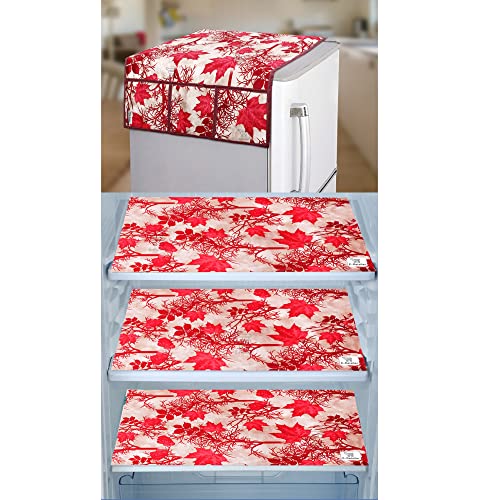 Image of Polyester 3-Layered Fridge Top Cover /Refrigerator Cover With Utility Pockets and Set of 3 Pc Fridge Mats (Colour- Floral Red, Size-39x21 Inch)