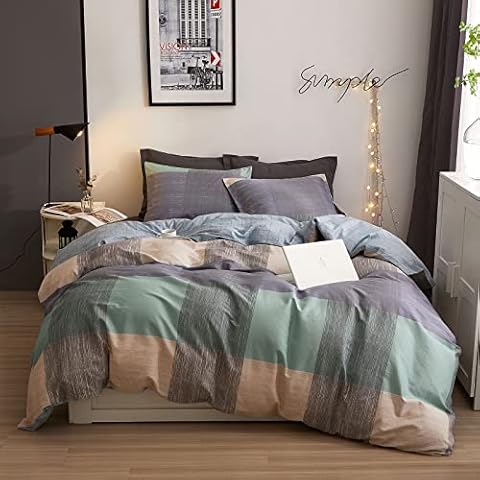 VClife Cotton Queen Duvet Cover Simple Patchwork Comforter Quilt & Pillow Protector Cover Sets Full Queen 3 Pieces Mint Green Blue Cream Checkered Plaid Bedding Sets, 1 Duvet Cover & 2 Pillow Shams Cover