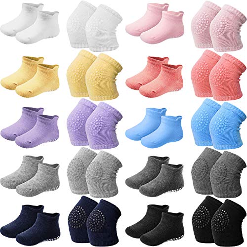 20 Pairs Anti-Slip Knee Pads and Baby Socks Adjustable Elastic Baby Crawling Knee Pads for Baby Girls Boys