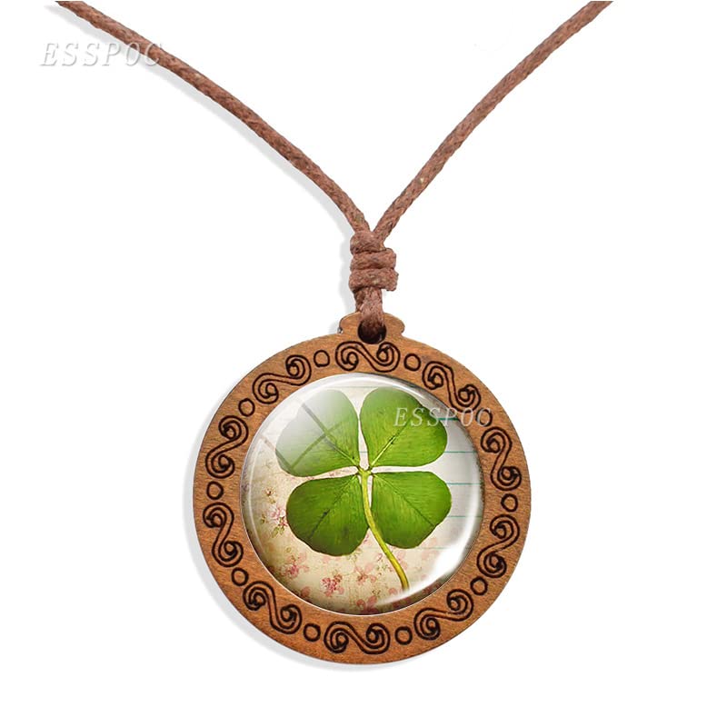 St.Patrick Day Dried Leaves Lucky 4-Leaf Clover Necklace Glass Locket Geometry Pendant Necklace Waterproof Wax Rope Glow in the dark illumination couple 2pc