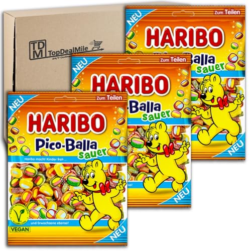 TopDealMile- Vorratspack für Haribo Pico-Balla sauer vegan 3 x 160g Saures Fruchtgummi mit Konfektfüllung