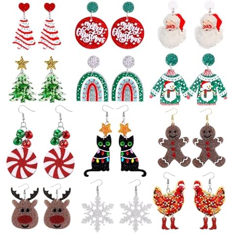 12 Pairs Christmas Earrings for Women Acrylic Holiday Earrings Bulk Xmas Tree Cake Gingerbread Reindeer Santa Candy Snowflake Black Cat Stud Dangle Earring Christmas Jewelry Accessories Gifts Cover
