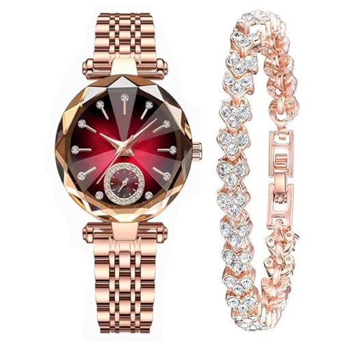 JOATVEE Reloj analógico de cuarzo para mujer con esfera de diamante, correa de acero inoxidable y pulsera de circonio cúbico, rojo, Pulsera JOATVEE Reloj analógico de cuarzo para mujer con esfera de diamante, correa de acero inoxidable y pulsera de circonio cúbico, rojo, Pulsera