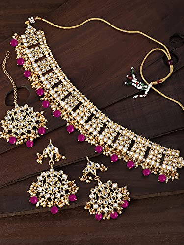 Image of Aheli Elegant Indian Faux Kundan Studded Choker Necklace with Maang Tikka Set Ethnic Wedding Wear Bharatanatyam jewellery set Gift for Women