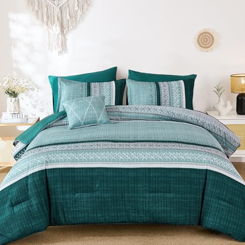 Image of Dintszyayue Teal Queen Comforter Size Set, 8 Pieces Striped Texture Bed in a Bag Bedding Sets, Lightweight Soft Comforter and Sheet Set, All Season Microfiber Teen Boys Bedding Sets for Men Women