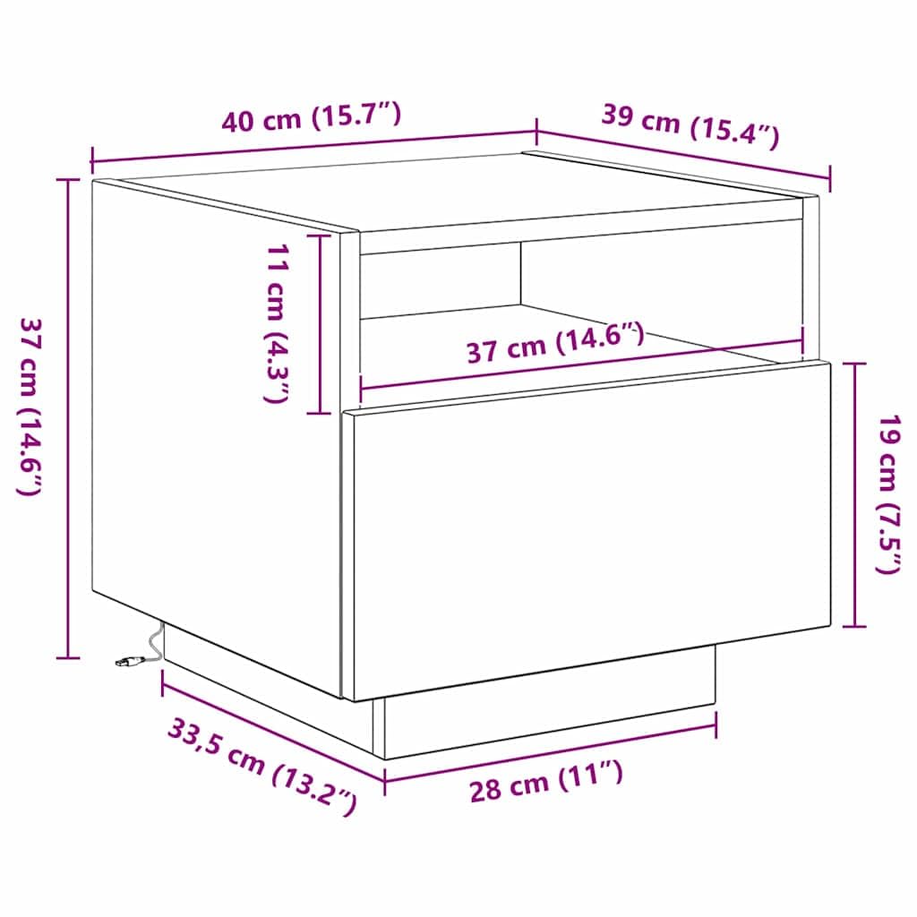 Zestaw 2 stolików nocnych, stare drewno z materiału drewnopochodnego, 40 x 39 x 37 cm, z szufladą, półką, paskiem LED i źródłem zasilania USB, do sypialni, łóżka, salonu, korytarza
