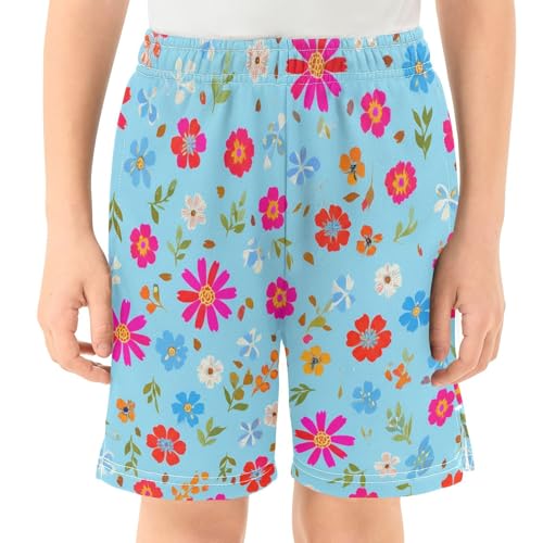 Colorful Floral Athletic Shorts with Zipper Pockets, Youth Boys Athletic Running Shorts for Summer2