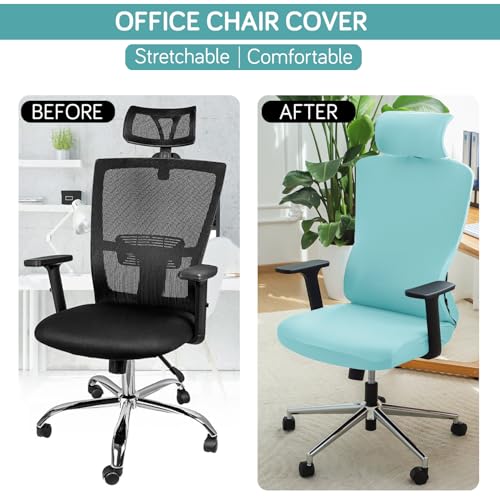 Image of HOKIPO 'SereneSolids' 140 GSM Office Chair Cover with Headrest (High-Back) - 140 GSM Stretch Fabric - Washable, Anti-Slip Fit for Ergonomic Mesh Office Chairs, Sky Blue (AR-5369-SBLU)