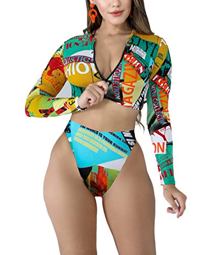 Conjunto de biquíni feminino de duas peças de manga comprida, com zíper frontal e cintura alta, Letr
