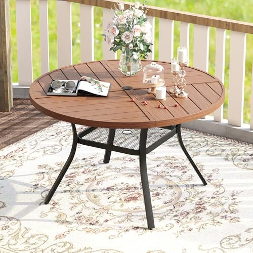 Image of VICLLAX Round Patio Table with Adjustable Umbrella Hole for 4, All Weather Metal Outdoor Dining Table for Lawn Garden, 40.6 inch Outdoor Coffee Table, Walnut Wood-Like Tabletop