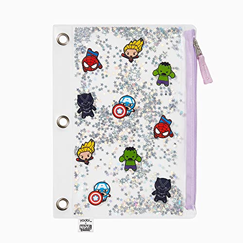 Yoobi x Marvel Superhero Pencil Pouch for 3 Ring Binder - Clear Zipper Pencil Case â€“ Clear Binder Case w/ Glitter â€“ 3 Ring Pencil Pouch with Zipper for Kids - PVC Free Pencil Case for 3 Ring Binder
