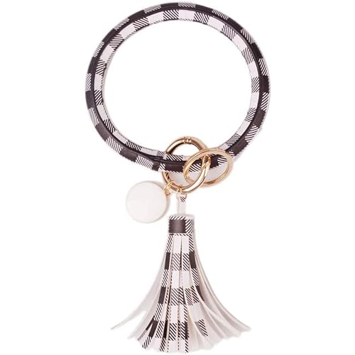 Lantintop Wristlet Keychain Bracelet Bangle Keyring Leather Round Tassel Keychain for Women Girl
