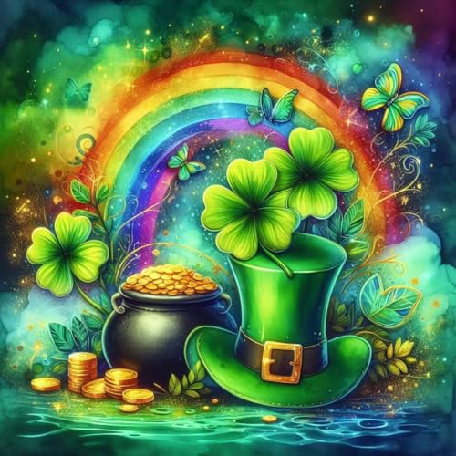 Gearock St Patricks Day Diamond Art Kits for Adults Rainbow Gold Coins Green Hat Shamrock Clover Diamond Painting Kits for Room Bedroom Living Room Bathroom Wall Decor