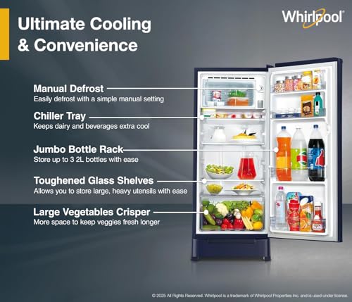 Image of Whirlpool 192 L 4 Star Icemagic Powercool Direct-Cool Single Door Refrigerator with Base Drawer (215 IMPC ROY 4S SAPPHIRE MULIA-Z)