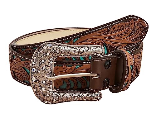 Women's Western Cowboy Belt Floral Embossed Pattern PU-Leather Belt Vintage Cowgirl Belt for Jeans Pants Dresses
