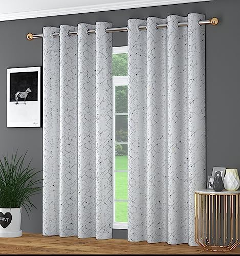 Image of 80-85% Blackout Curtains with Gold Printed Foil Curtains 7 Feet Long Set of 2 Pcs Room Darkening Curtains /Parde for Home Decor, (White, 4x7 feet)