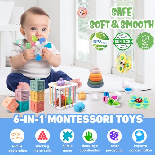6 in 1 Baby Toys 6 to12-18 Months, Montessori Toys for 1 Year Old Martiount Stacking Building Blocks for Infant, Pull String Teething & Sensory Toys for 6-9-12M - Image 3