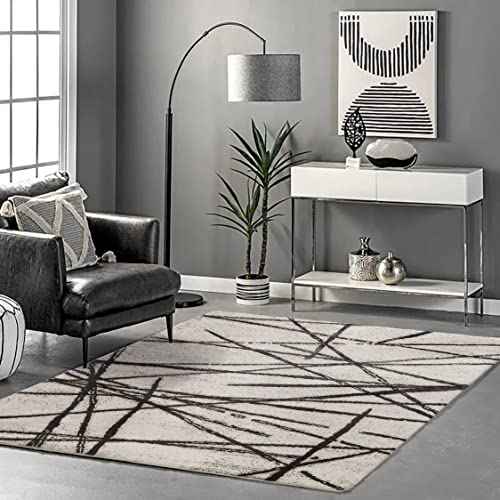 Leesentec Rugs Living Room Bedroom Rug Modern Short Pile Rugs Bohemian Carpet Abstract Geometric Straight Line Pattern Carpets Non-slip Large Rug (Beige/Striped Black - Image 3