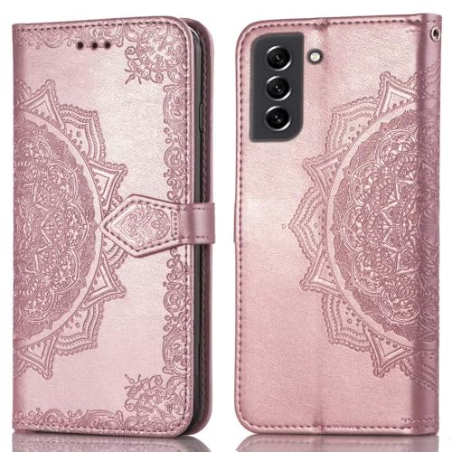 Image of ClickCase Queen Series, Faux Leather Flower Embossing Wallet Flip case Magnetic Closure Flip Cover for Samsung Galaxy M42 5G (Rose Gold)