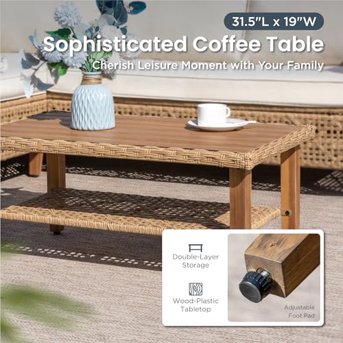 Image of PHI VILLA Outdoor Sectional Couch, Wicker Patio Furniture Set with Acacia Wood Coffee Table, L-Shape Small Outdoor Conversation Corner Sofa Set for Deck Porch, Beige