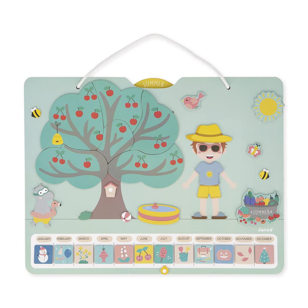 Janod - Calendario delle Stagioni - Calendario Educativo in Legno per Bambini 42 x 32 cm - Magnetico - 125 Magneti - Tempo e Stagioni - Versione Inglese - Dai 3 Anni, J5464