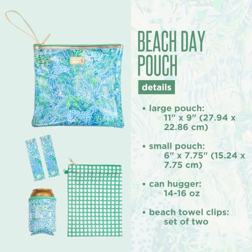 Image of Lilly Pulitzer Water Resistant Vinyl Beach Day Pouch, Zipper Bag Includes Drink Hugger, Small Pouch, and Towel Clips, Dandy Lions, 1 SZ, Beach