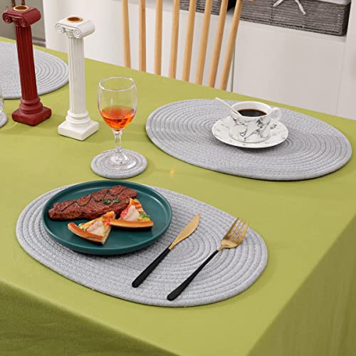 Dajamai 6 Pack Woven Placemats, 12X16 Inches Gray Oval Plate Charger Cotton Heat Resistant Non-Slip Weave Placemats Farmhouse Straw Braided Rattan Tablemats Wicker Placemats For Dining Table #TOP4