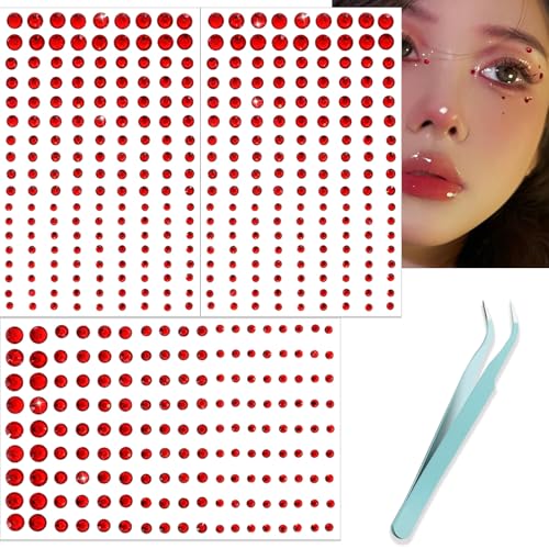 NOOEPC Red Face Gems Hair Gems Self-Adhesive Face Jewels Eye Jewels Rhinestones 3/4/5/6 mm DIY Face Gems Stick on Rhinestones Gems Rave Accessories for Face Eyes