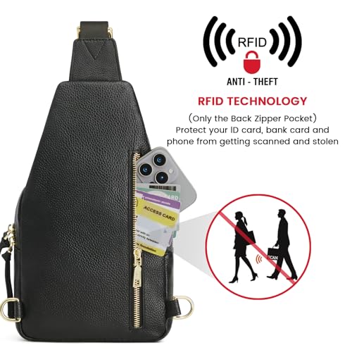 Image of Kattee Small Leather Sling Bag for Women with RFID Blocking,Black | Top grain pebbled leather with RFID blocking, multiple pockets, and a convertible strap for travel.