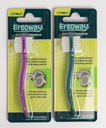 Ergoway Travel Size Brush for Dentures Retainers Aligners Mouthguards and Removable Dental Appliances Built-in Soft Scraper for Adhesives