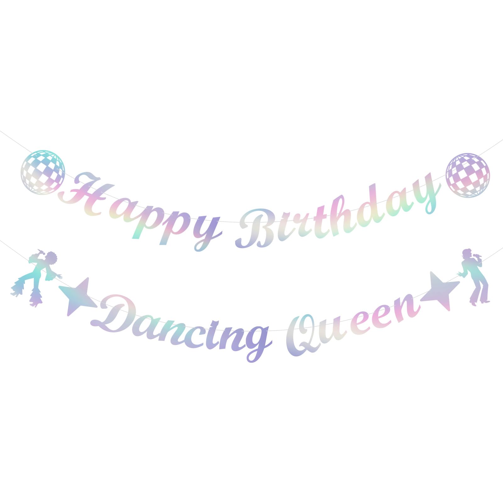 2Pcs Dancing Queen Banner Happy Birthday Party Decorations, Iridescent Disco Party Decorations for Women & Girls, Theme Dance Parties Supplies, Shimmering Bday Sign, No DIY