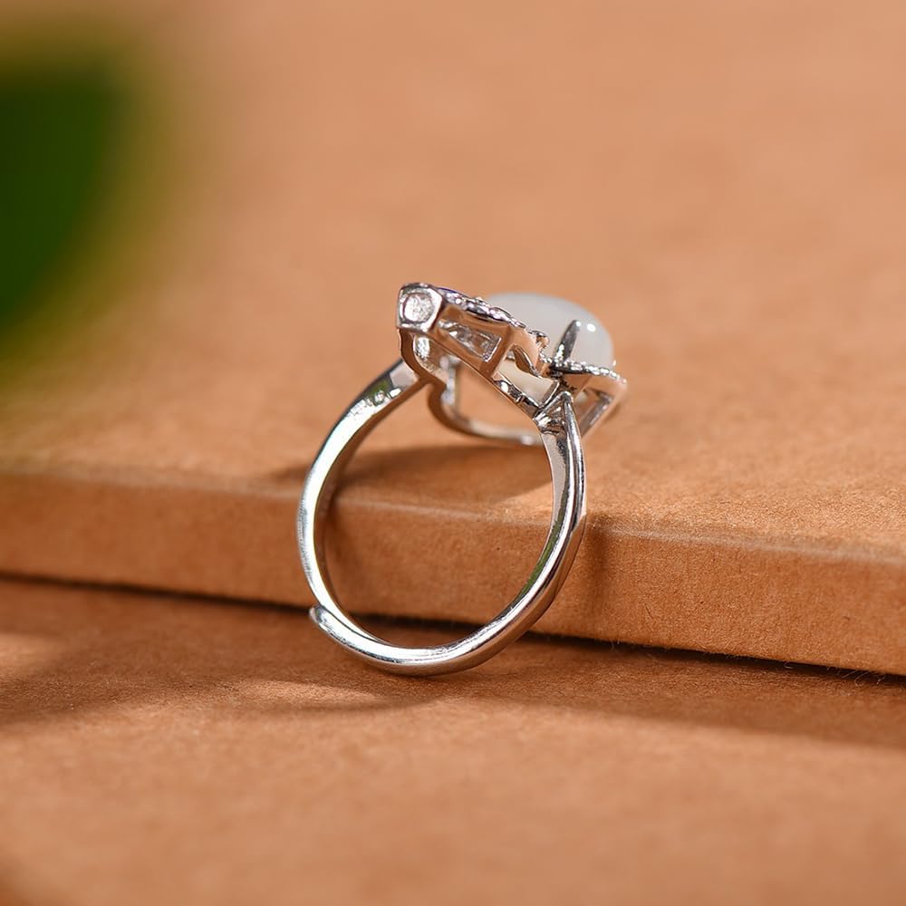 S925 Silver Inlaid Natural White Jade Gourd Enamel Butterfly Ring Adjustable Opening Including Certificate