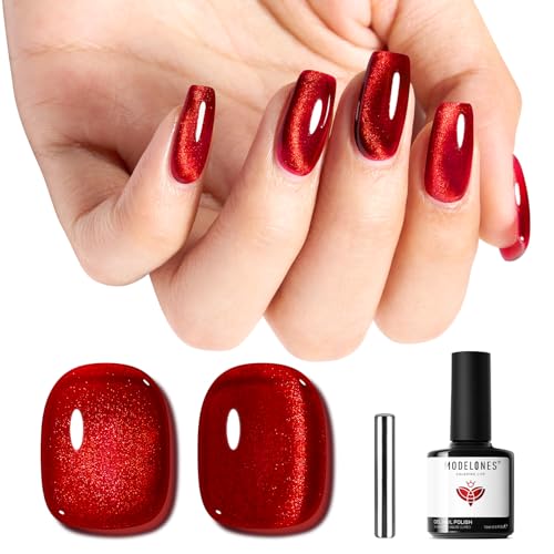 Image of modelones Red Cat Eye Gel Nail Polish Magnetic Glitter Holographic Red Ruby Gel Polish Reflective Jelly Translucent UV Gel Manicure 15 ML